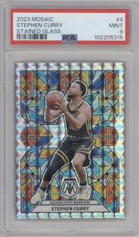 Stephen Curry from the 2023-24 Panini Mosaic set graded by PSA and given an overall grade of 9.