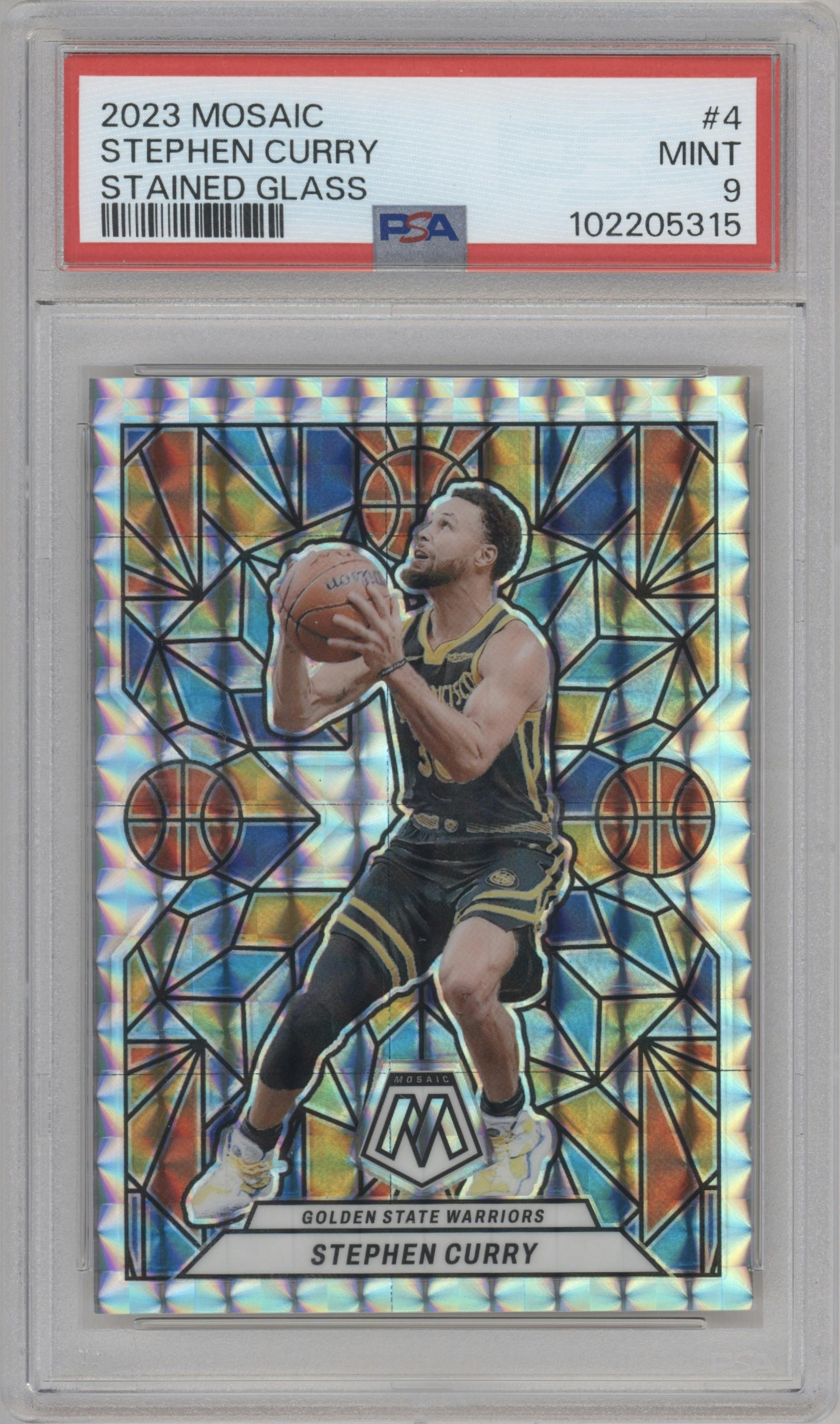Stephen Curry from the 2023-24 Panini Mosaic set graded by PSA and given an overall grade of 9.