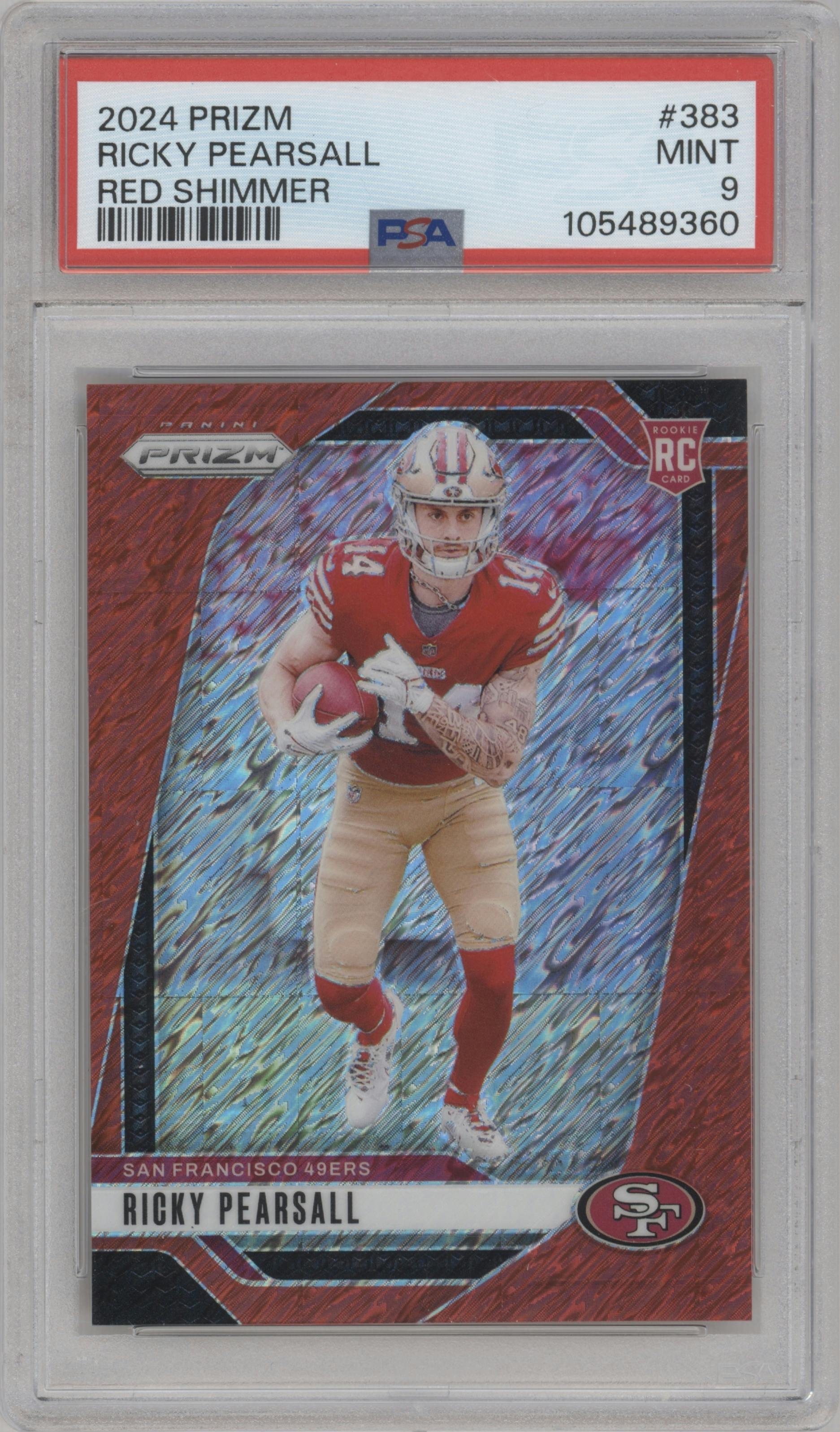 Ricky Pearsall from the 2024 Panini Prizm set featuring a Red Shimmer parallel graded by PSA and given an overall grade of 9.