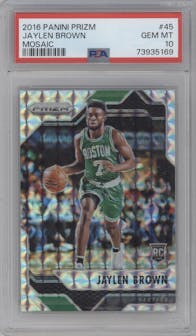 Jaylen Brown from the 2016-17 Panini Prizm  set featuring a Mosaic parallel graded by PSA and given an overall grade of 10.