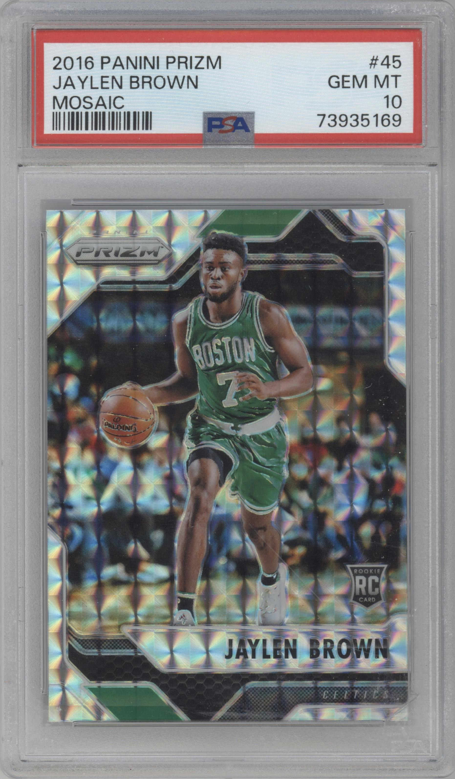 Jaylen Brown from the 2016-17 Panini Prizm  set featuring a Mosaic parallel graded by PSA and given an overall grade of 10.