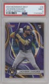 Jackson Chourio from the 2024 Bowman's Best set featuring a Purple Refractor parallel graded by PSA and given an overall grade of 9.