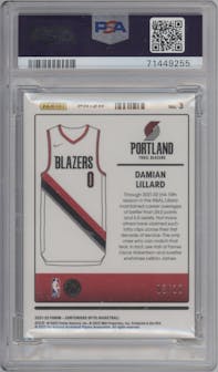 Damian Lillard from the 2021-22 Panini Contenders Optic set featuring a Gold parallel graded by PSA and given an overall grade of 9.