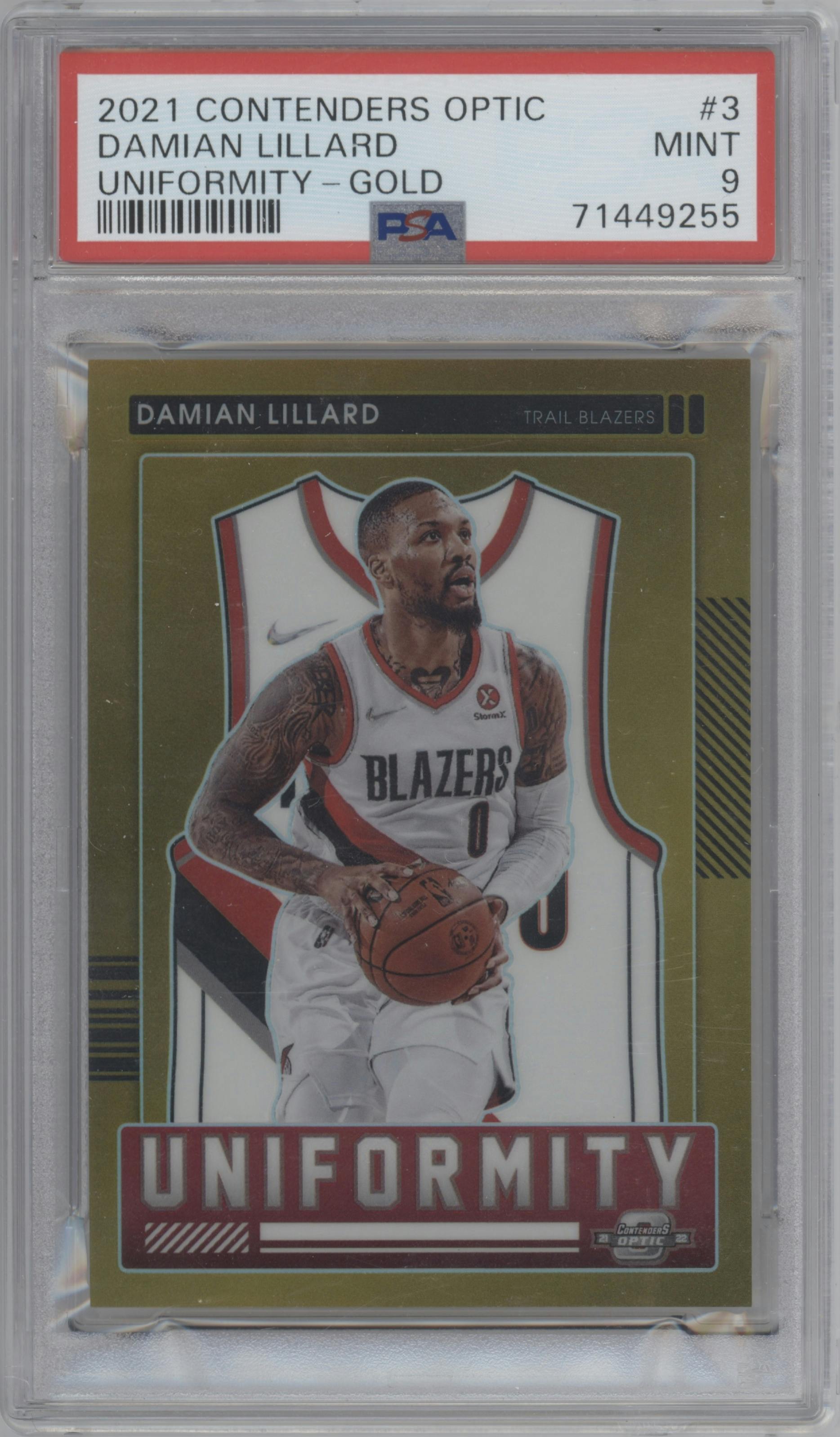Damian Lillard from the 2021-22 Panini Contenders Optic set featuring a Gold parallel graded by PSA and given an overall grade of 9.