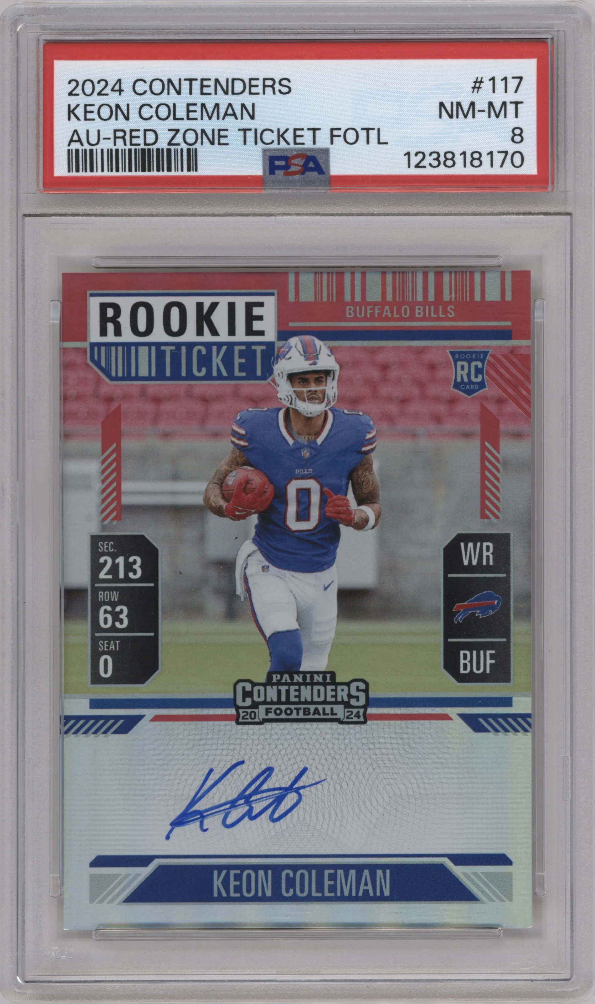 2024 Panini Contenders RPS Rke.Tkt.Auto Keon Coleman Red Zone Ticket 1st Off the Line PSA 8