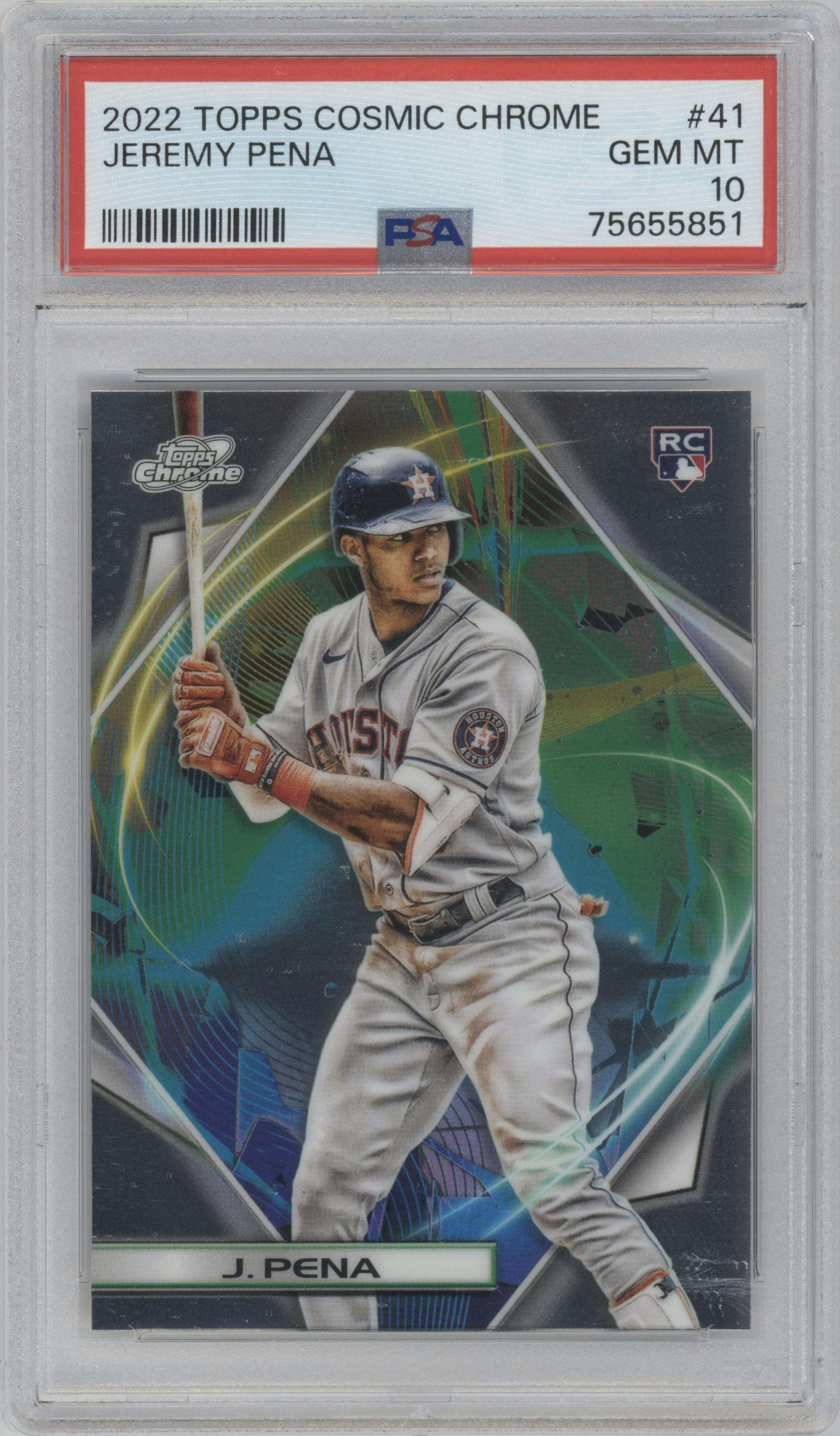 Jeremy Pena from the 2022 Topps Cosmic Chrome set graded by PSA and given an overall grade of 10.