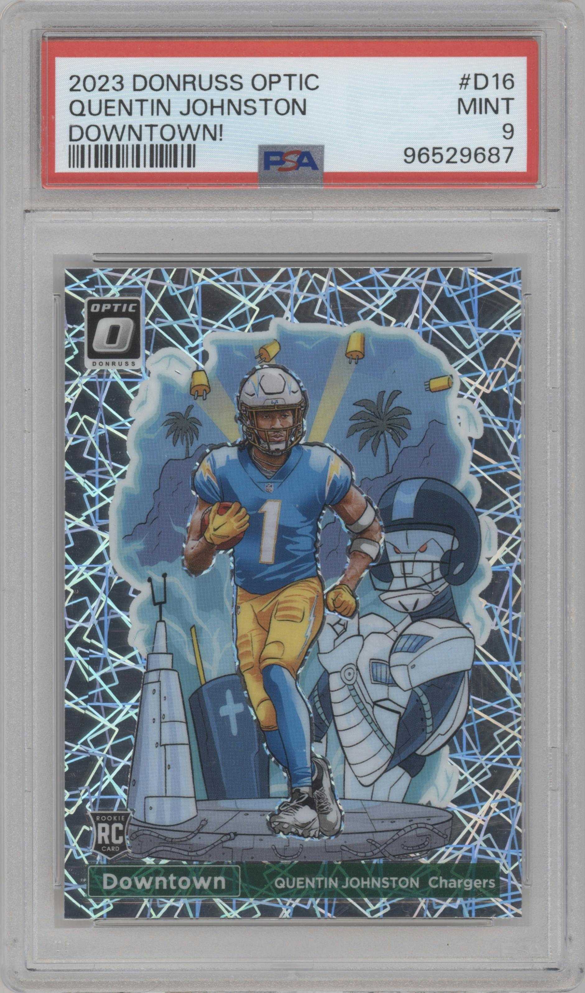 Quentin Johnston from the 2023 Donruss Optic set graded by PSA and given an overall grade of 9.
