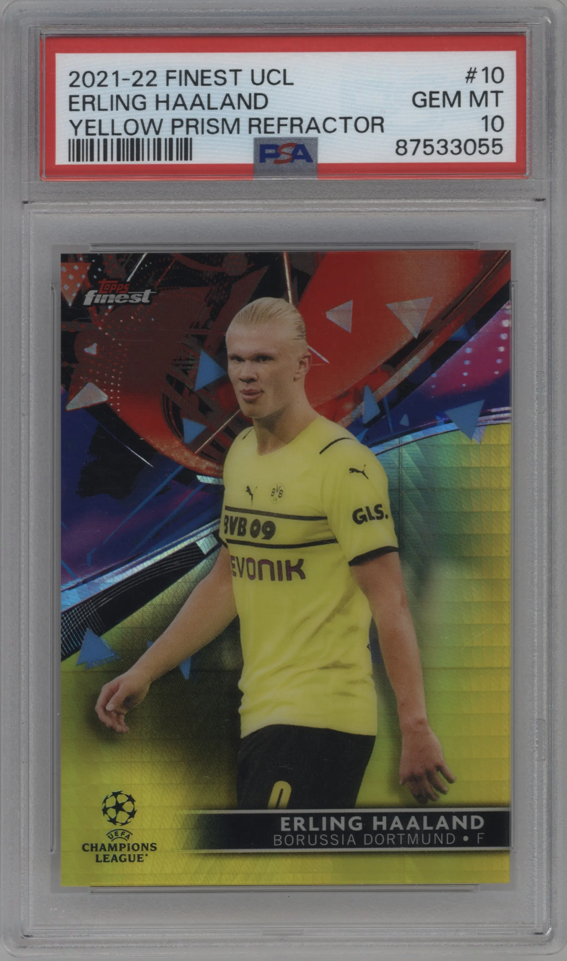 2021 Topps Finest UEFA Champions League Erling Haaland Yellow Prism Refractor #10 PSA 10