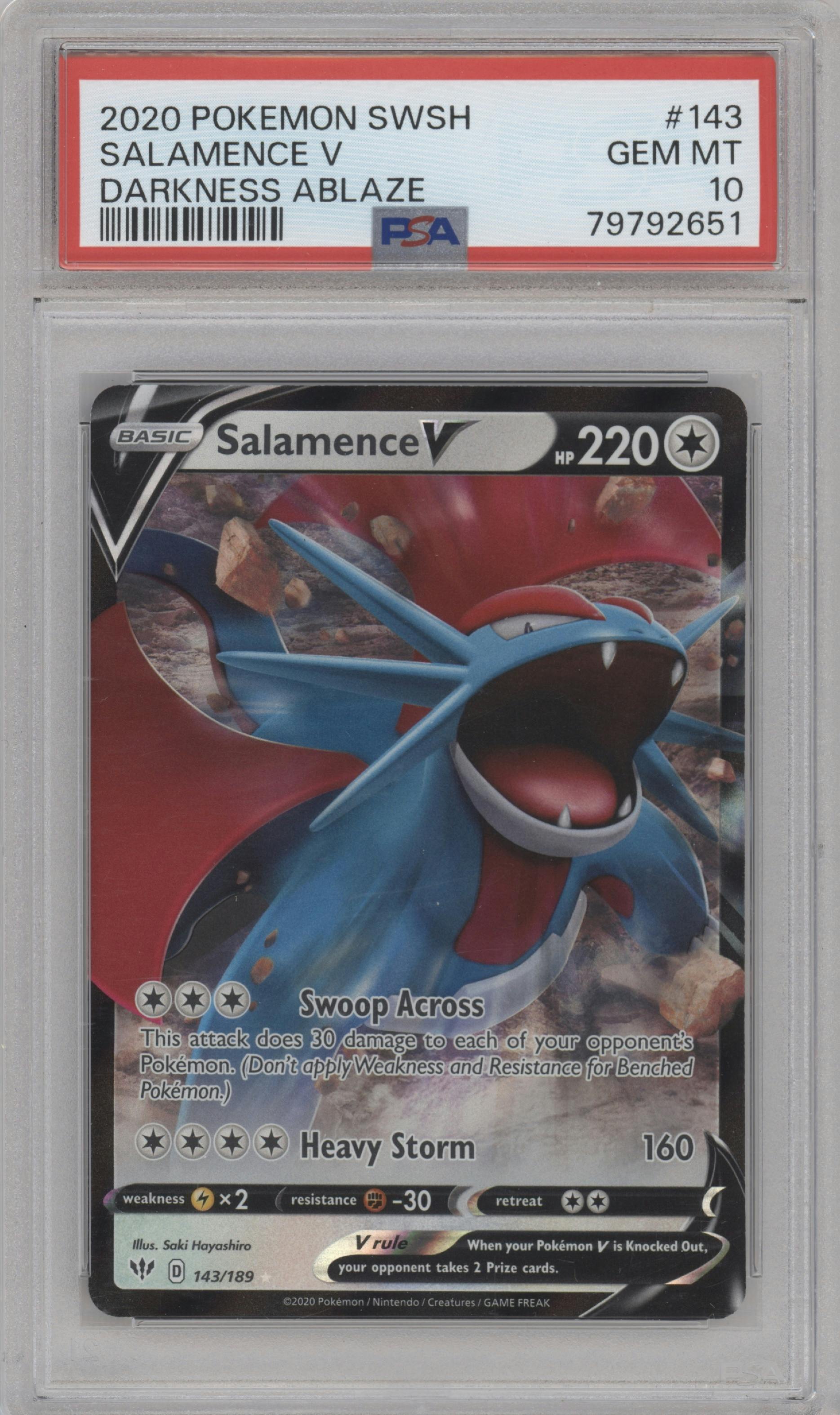 Salamence V from the 2020 Pokemon SWSH set graded by PSA and given an overall grade of 10.