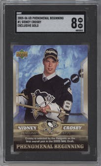 Sidney Crosby from the 2005-06 Upper Deck set featuring a Gold parallel graded by SGC and given an overall grade of 8.