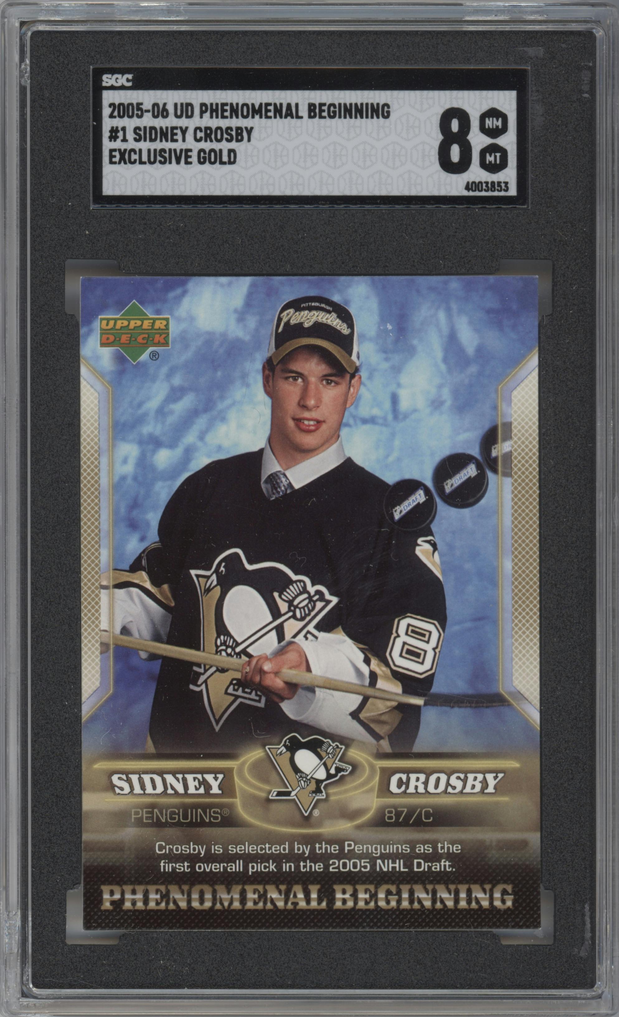 Sidney Crosby from the 2005-06 Upper Deck set featuring a Gold parallel graded by SGC and given an overall grade of 8.