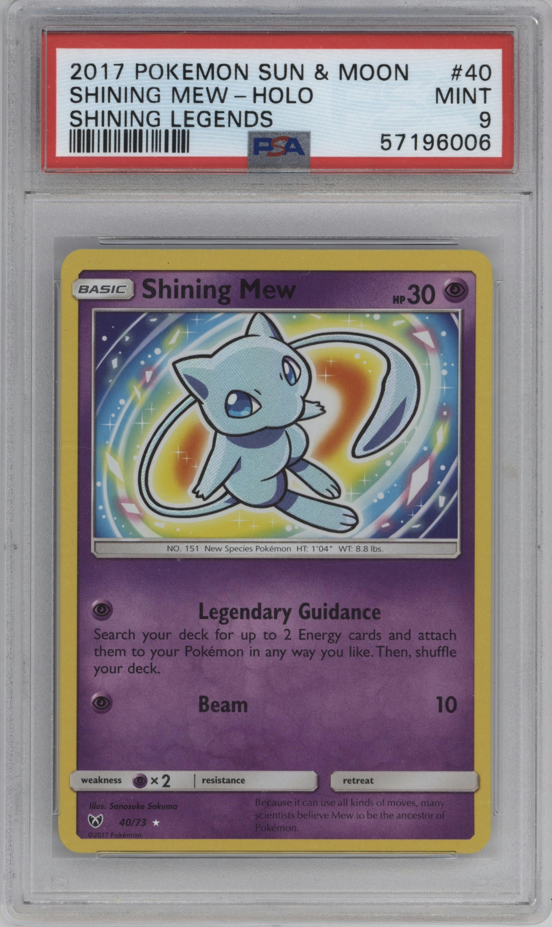 Shining Mew from the 2017 Pokemon S&M set graded by PSA and given an overall grade of 9.