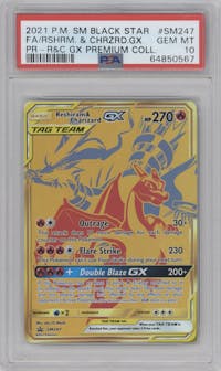Reshiram/Charizard GX from the 2021 Pokemon S&M set featuring a Reshiram Charizard GX Premium Collection parallel graded by PSA and given an overall grade of 10.