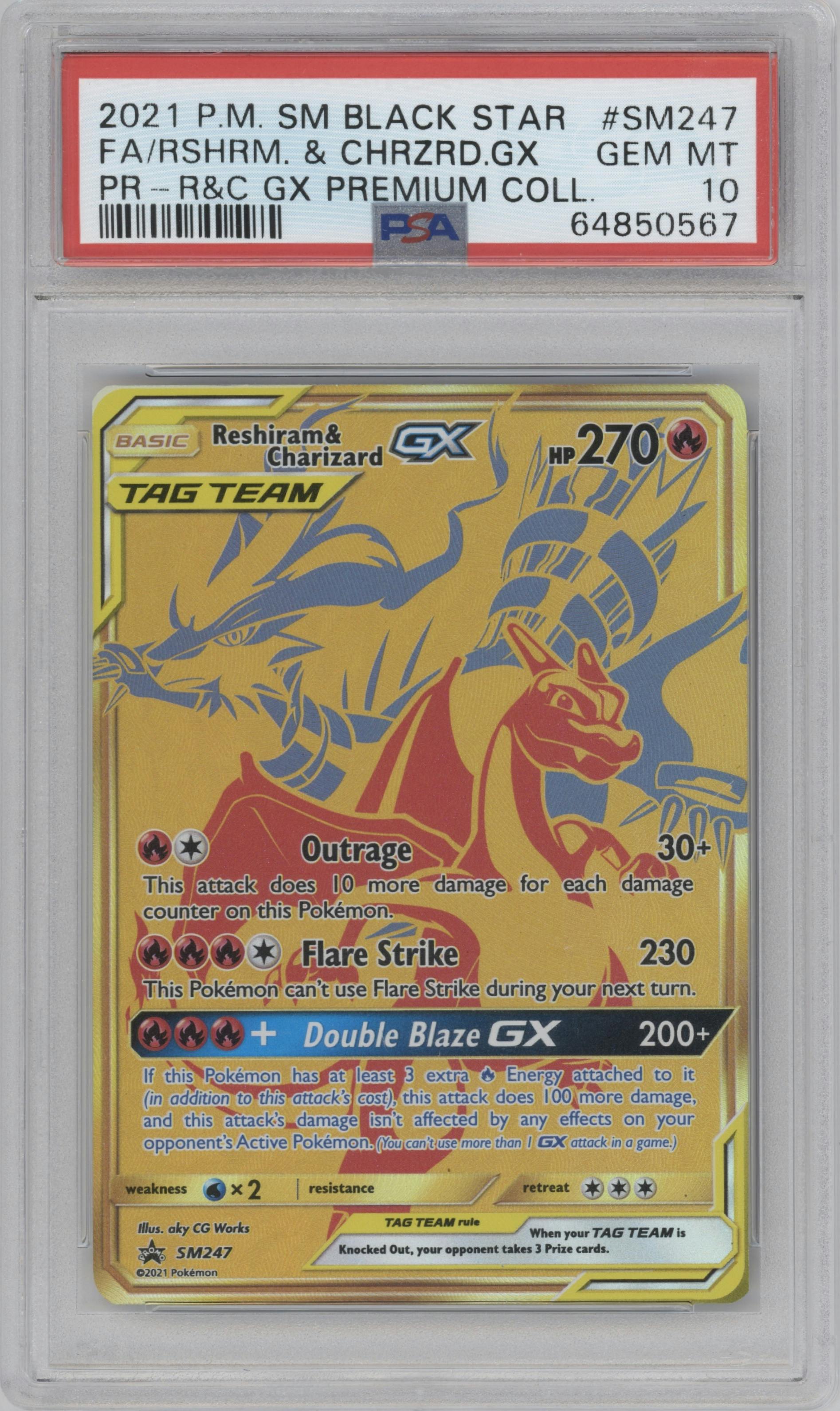 Reshiram/Charizard GX from the 2021 Pokemon S&M set featuring a Reshiram Charizard GX Premium Collection parallel graded by PSA and given an overall grade of 10.