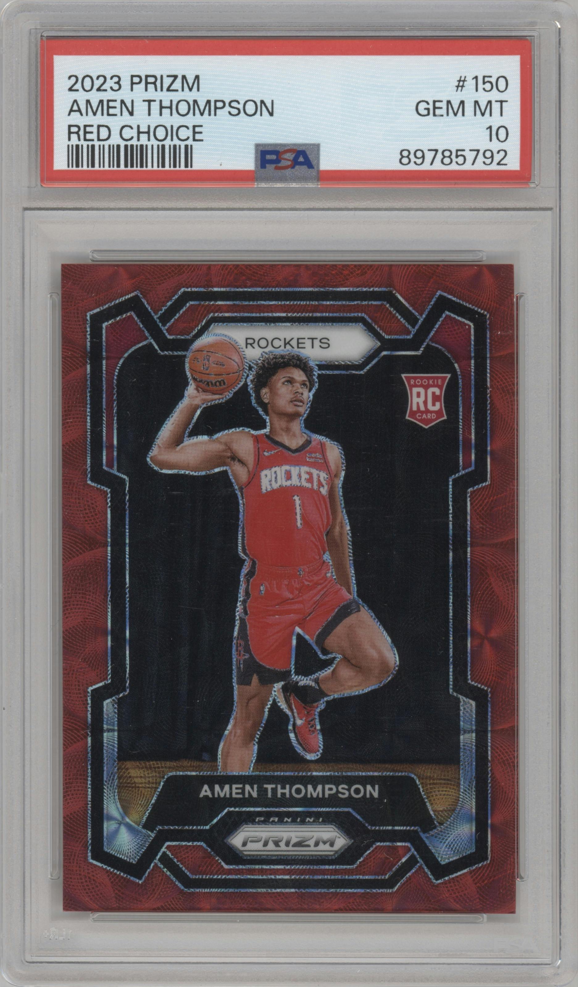 Amen Thompson from the 2023-24 Panini Prizm set featuring a Choice Red parallel graded by PSA and given an overall grade of 10.