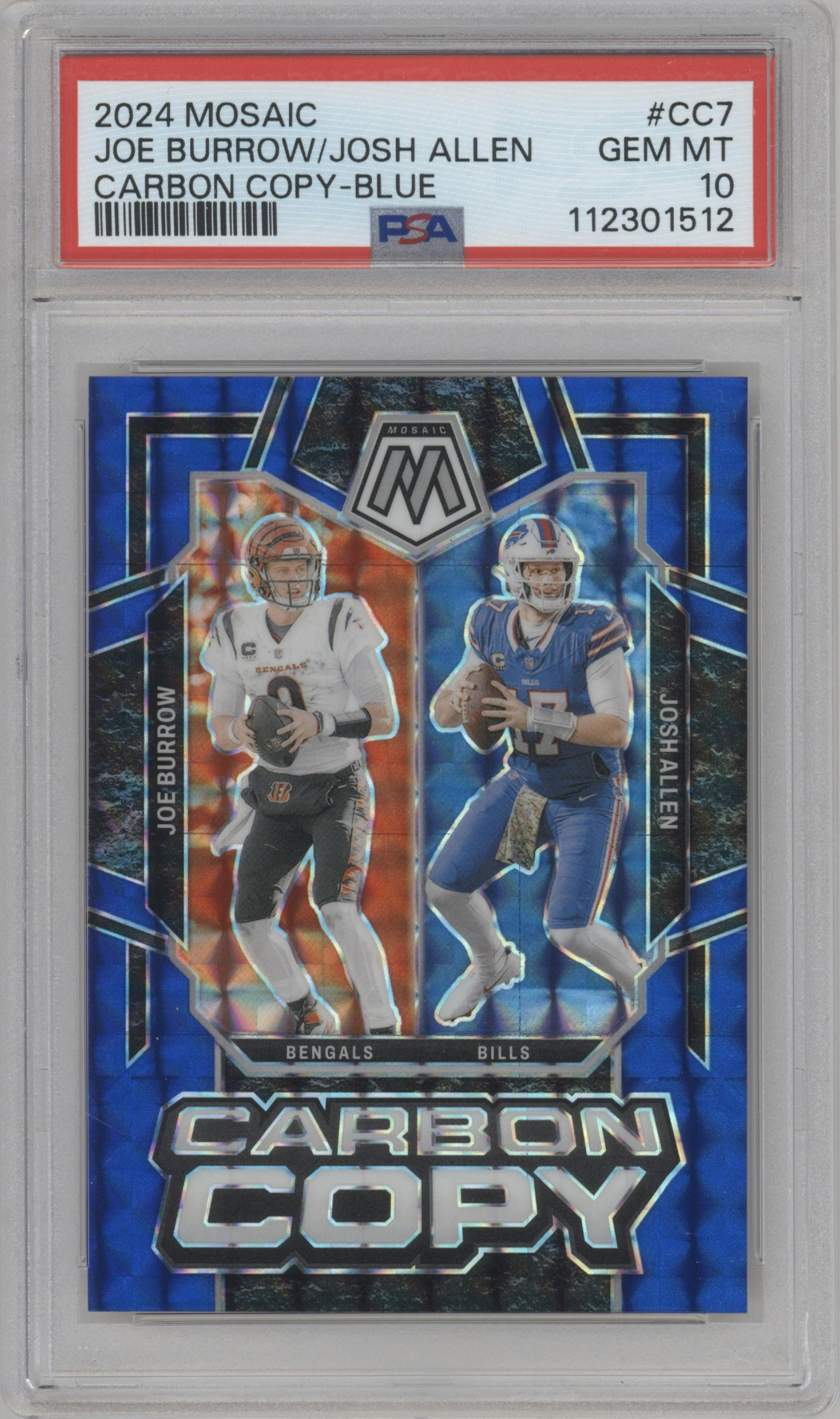 Joe Burrow/Josh Allen from the 2024 Panini Mosaic set featuring a Blue Mosaic parallel graded by PSA and given an overall grade of 10.