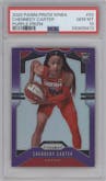 Chennedy Carter from the 2020 Panini Prizm WNBA set featuring a Purple Prizm parallel graded by PSA and given an overall grade of 10.