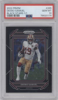 Deebo Samuel from the 2022 Panini Prizm set featuring a Black Stars parallel graded by PSA and given an overall grade of 10.