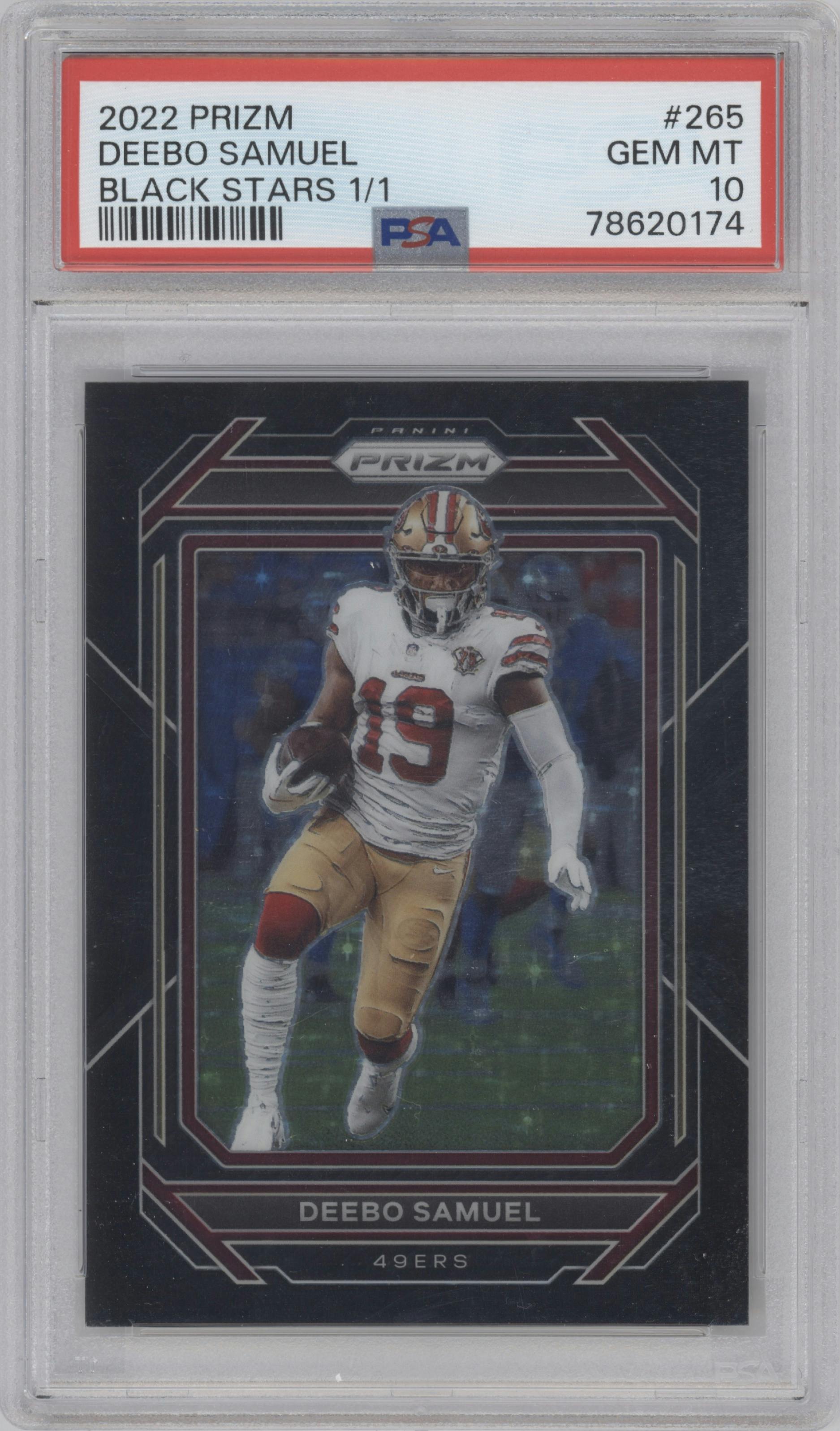 Deebo Samuel from the 2022 Panini Prizm set featuring a Black Stars parallel graded by PSA and given an overall grade of 10.