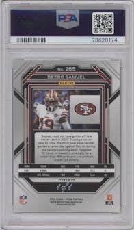 Deebo Samuel from the 2022 Panini Prizm set featuring a Black Stars parallel graded by PSA and given an overall grade of 10.