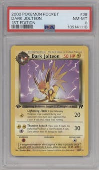 Dark Jolteon from the 2000 Pokemon set graded by PSA and given an overall grade of 8.