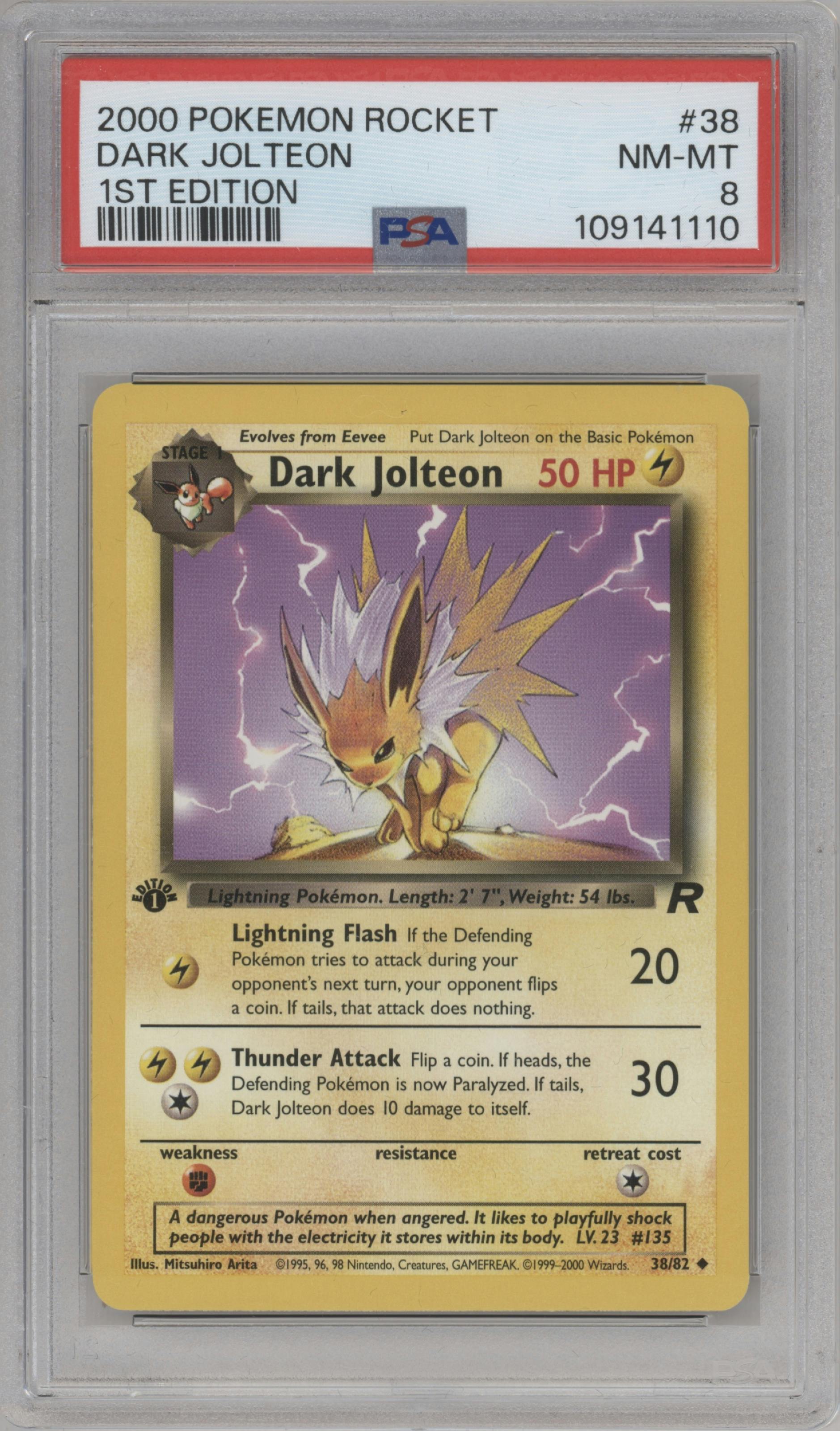 Dark Jolteon from the 2000 Pokemon set graded by PSA and given an overall grade of 8.