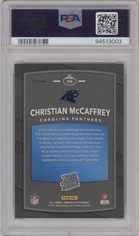 Christian McCaffrey from the 2017 Panini Donruss Optic set featuring a Red/Yellow parallel graded by PSA and given an overall grade of 10.