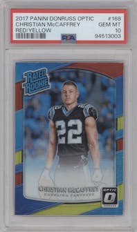 Christian McCaffrey from the 2017 Panini Donruss Optic set featuring a Red/Yellow parallel graded by PSA and given an overall grade of 10.
