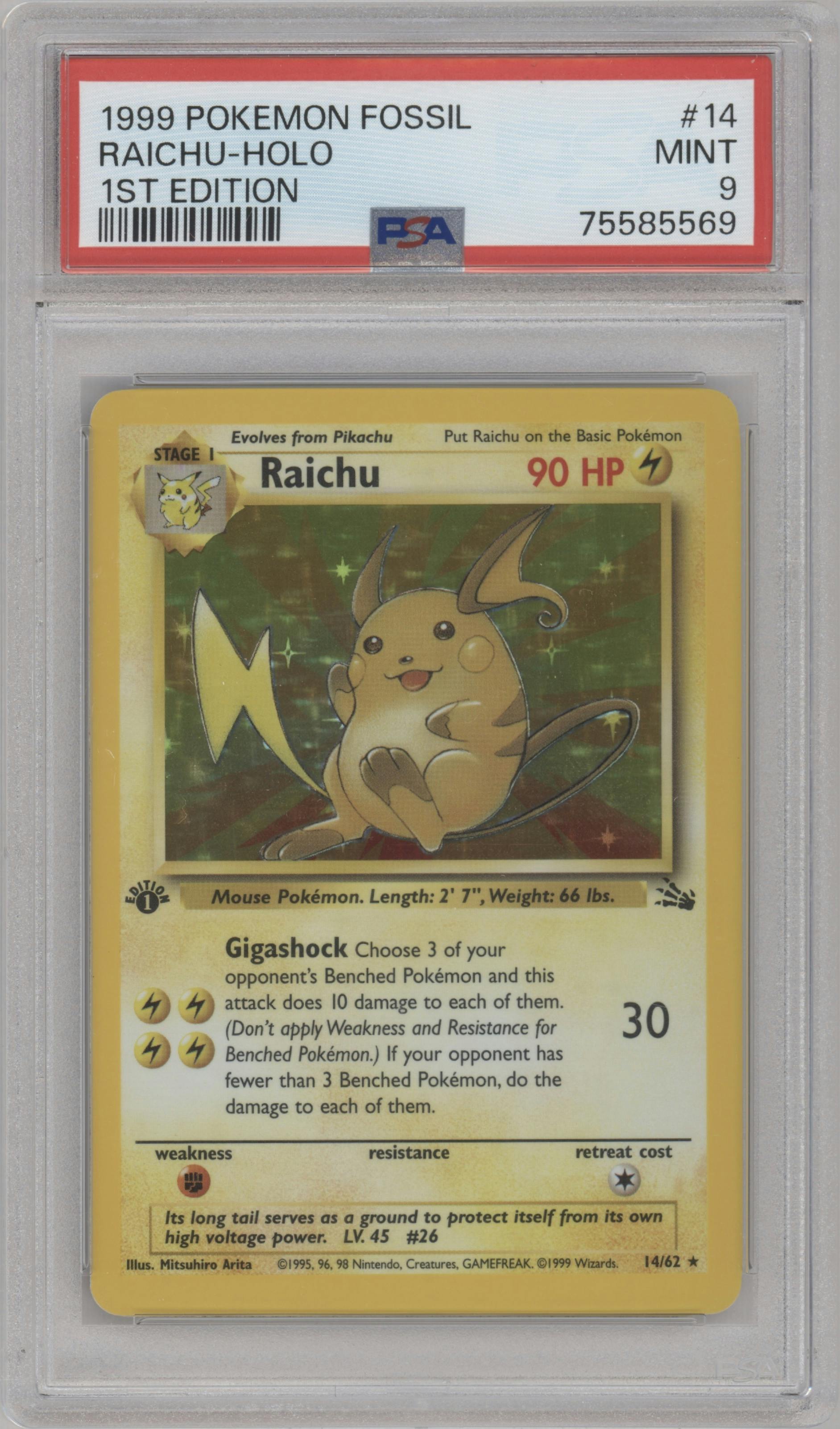 Raichu from the 1999 Pokemon set graded by PSA and given an overall grade of 9.