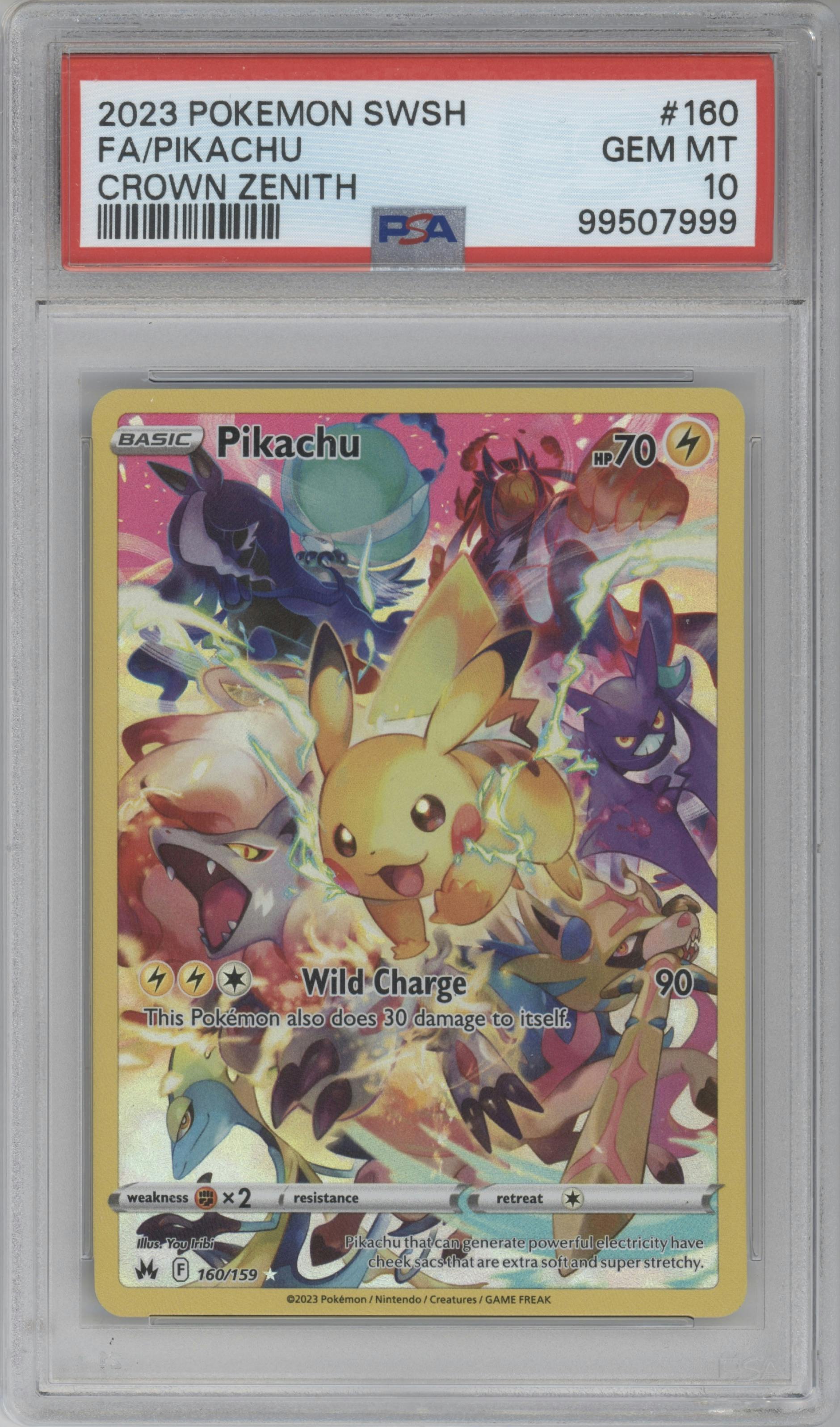 Pikachu  from the 2023 Pokemon SWSH set graded by PSA and given an overall grade of 10.