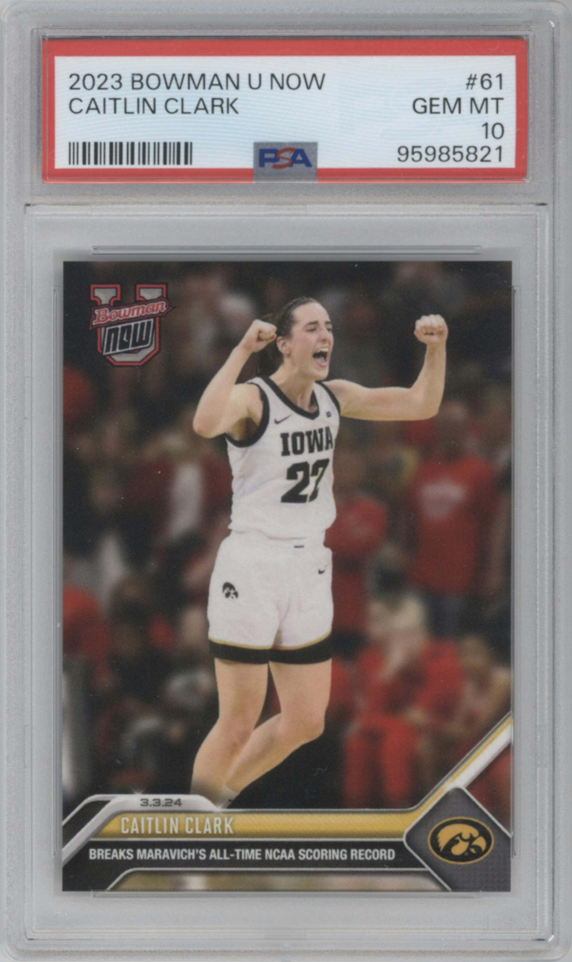Caitlin Clark from the 2023-24 Bowman U Now set graded by PSA and given an overall grade of 10.