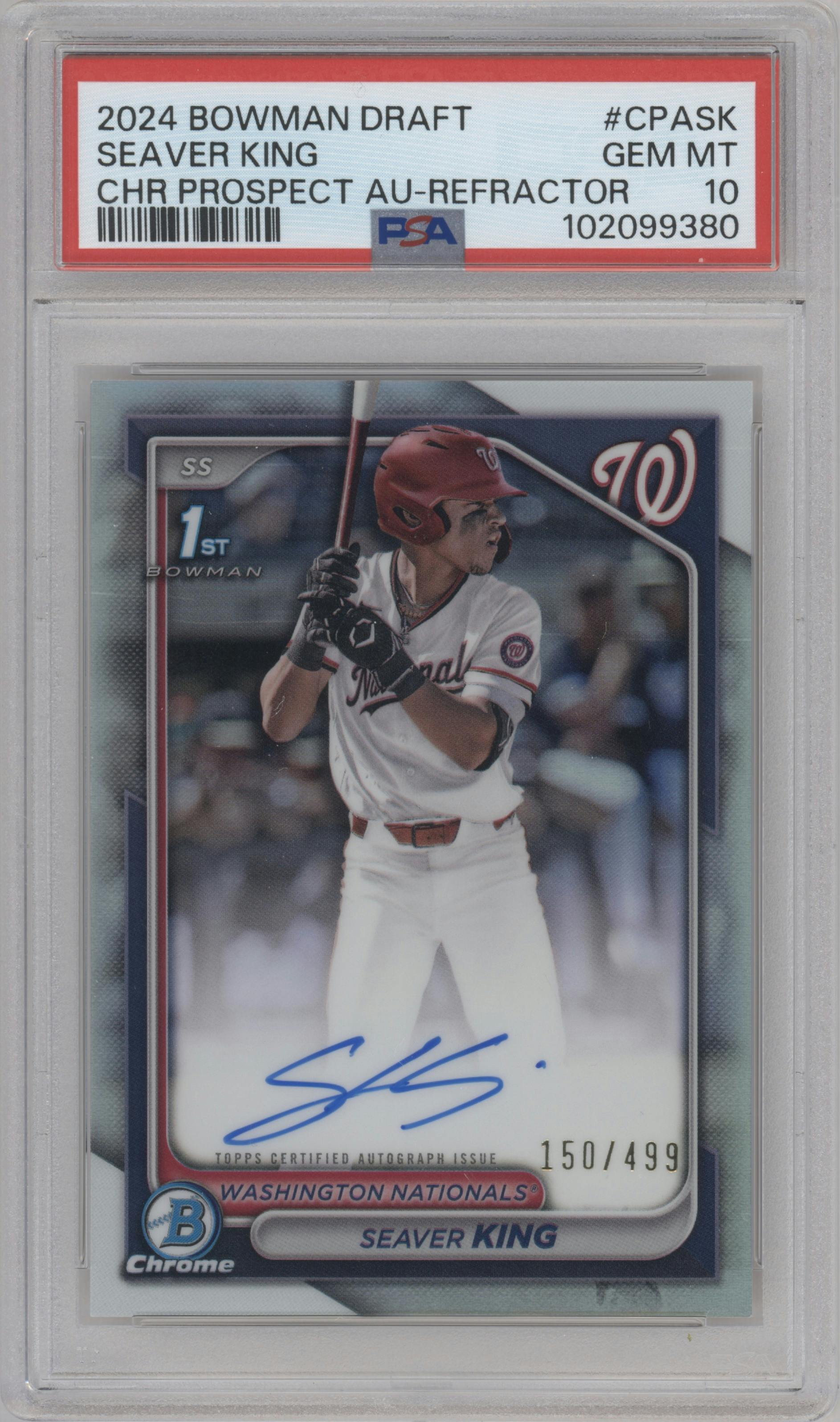 Seaver King from the 2024 Bowman Draft set featuring a Refractor parallel graded by PSA and given an overall grade of 10.