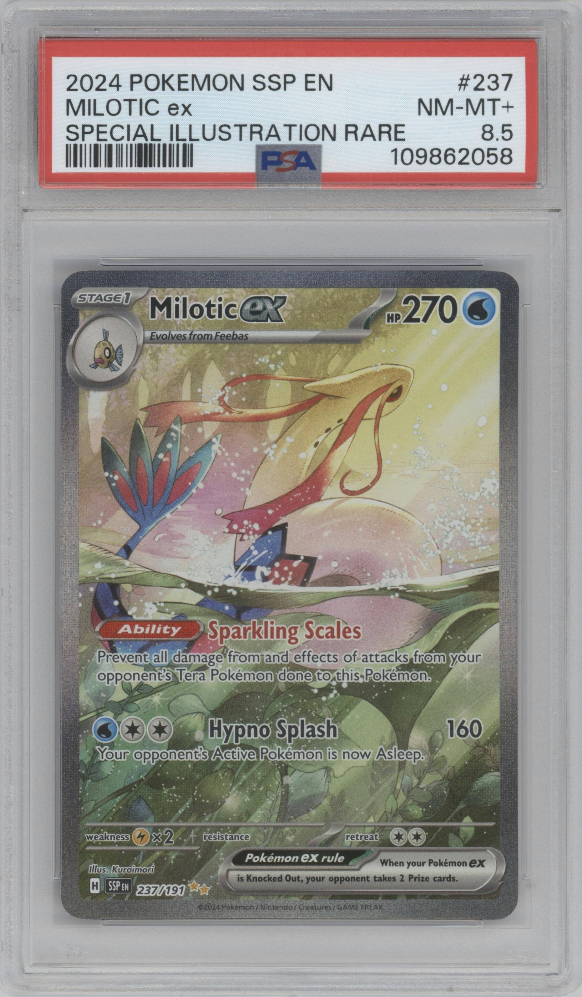 Milotic ex from the 2024 Pokemon SV set graded by PSA and given an overall grade of 8.5.