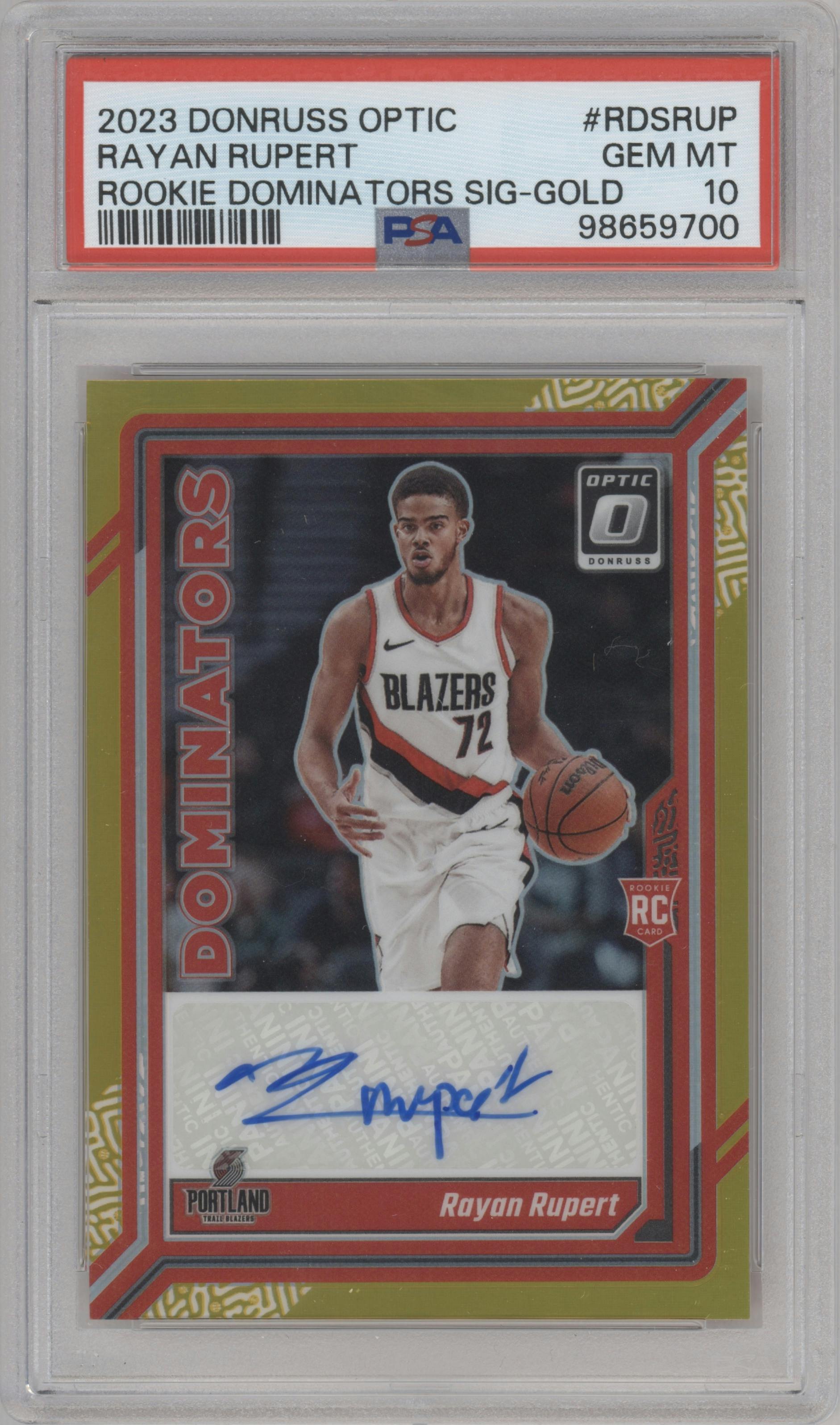 Rayan Rupert from the 2023-24 Donruss Optic set featuring a Gold parallel graded by PSA and given an overall grade of 10.