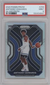 Anthony Edwards from the 2020-21 Panini Prizm set featuring a Silver Prizm parallel graded by PSA and given an overall grade of 9.