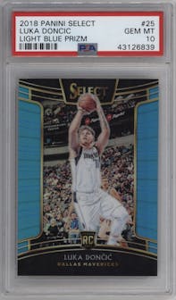 Luka Doncic from the 2018-19 Panini Select  set featuring a Light Blue Prizm parallel graded by PSA and given an overall grade of 10.