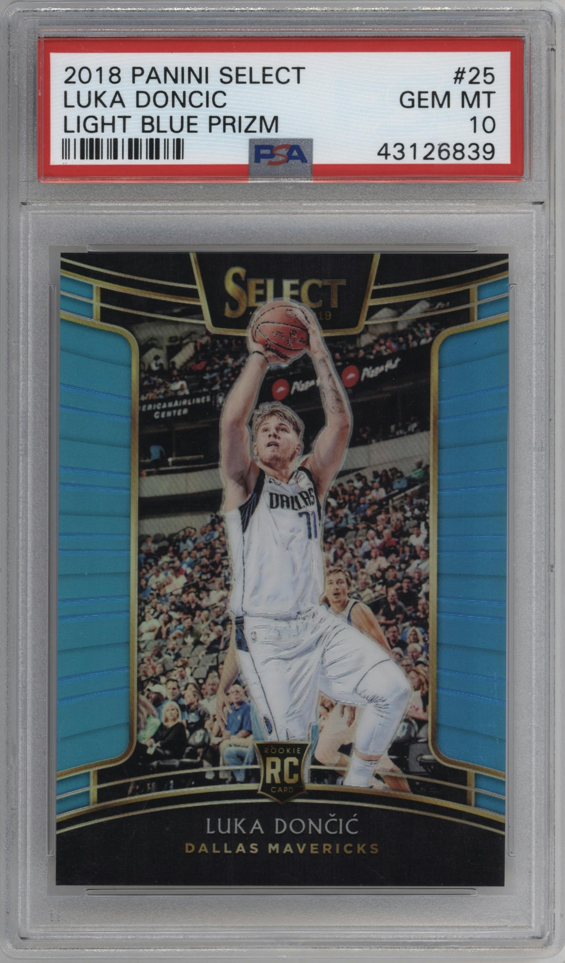 Luka Doncic from the 2018-19 Panini Select  set featuring a Light Blue Prizm parallel graded by PSA and given an overall grade of 10.