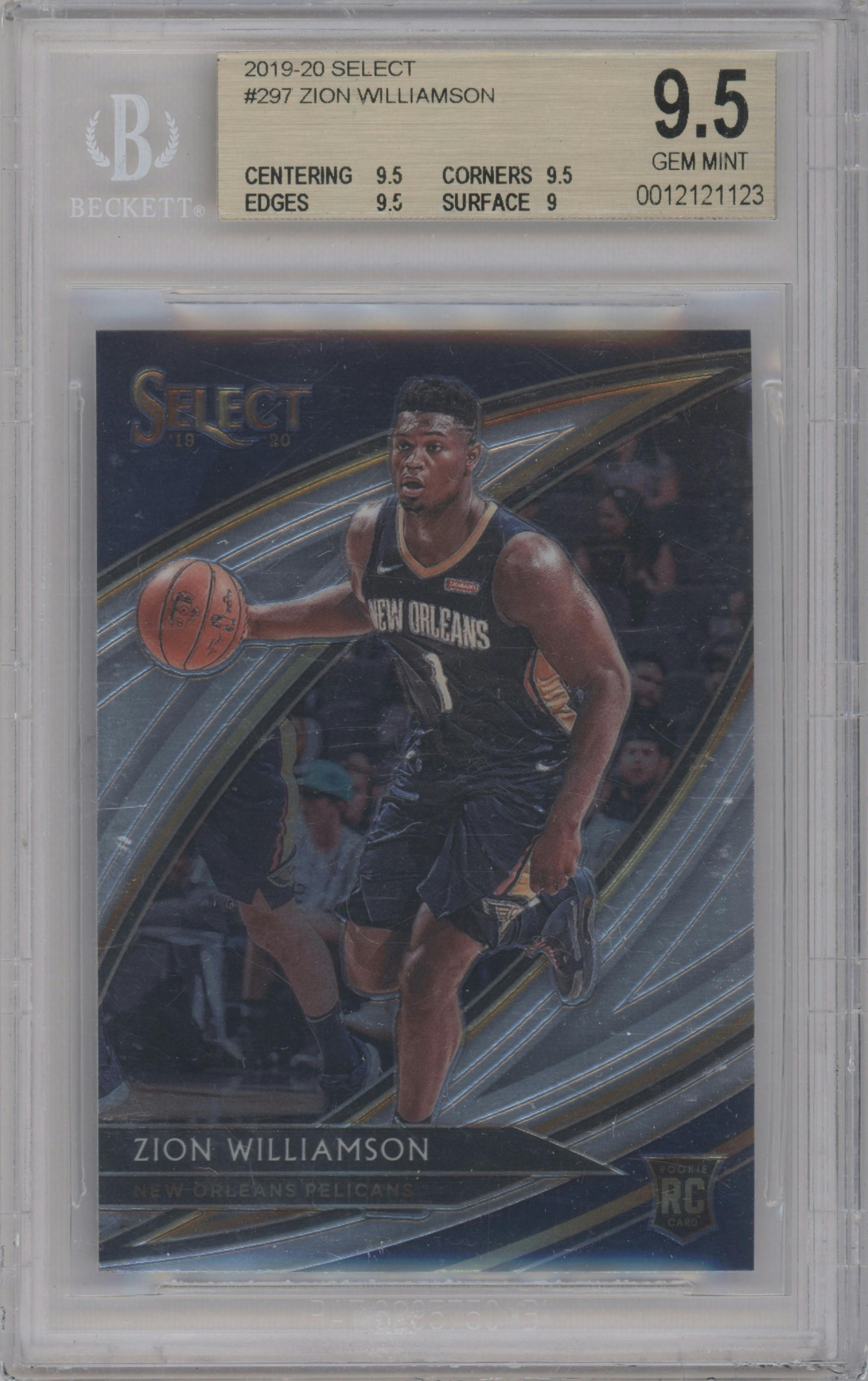 Zion Williamson from the 2019-20 Panini Select set graded by Beckett and given an overall grade of 9.5.