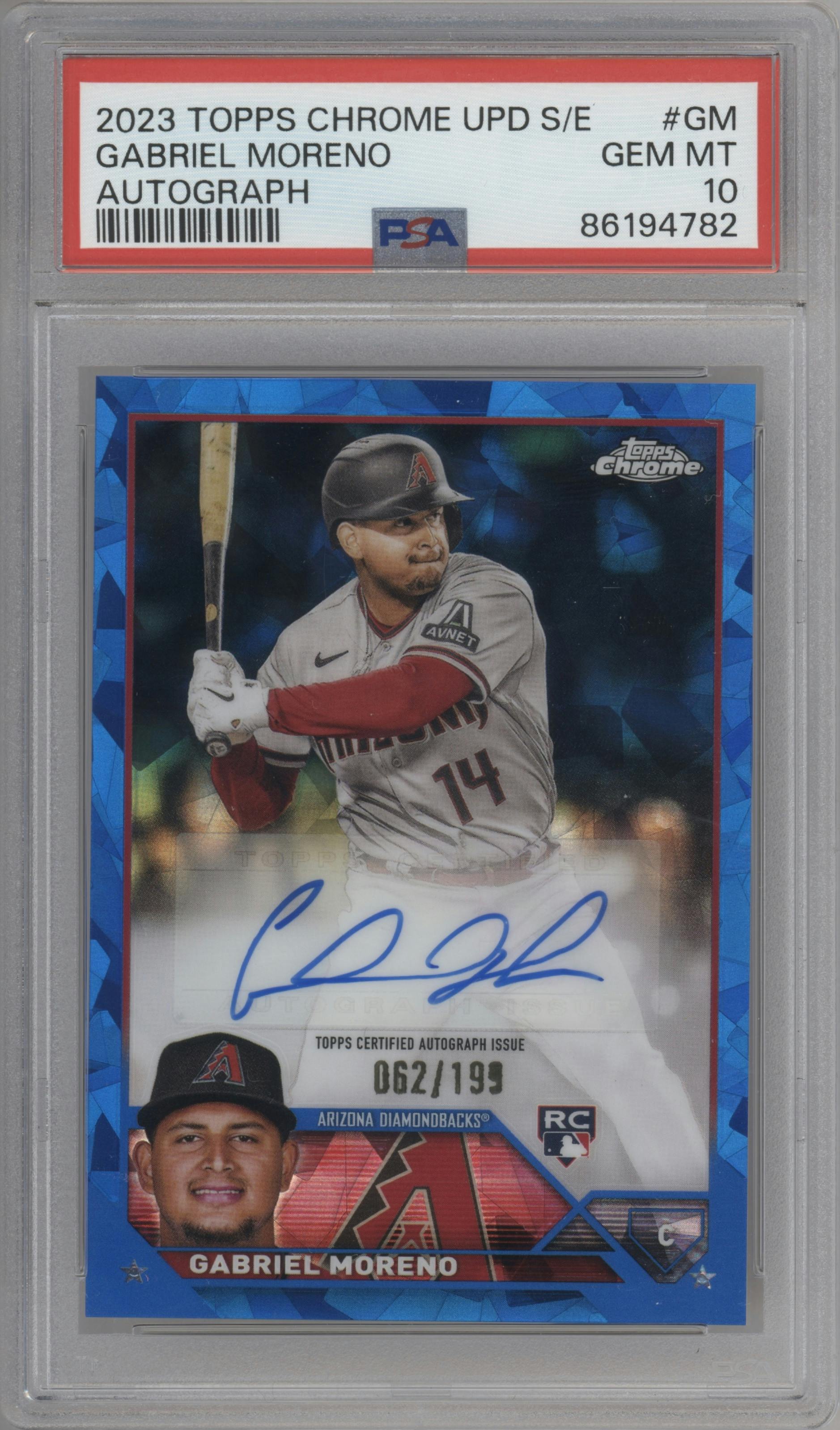 Gabriel Moreno from the 2023 Topps Chrome Update Series Sapphire Edition set graded by PSA and given an overall grade of 10.