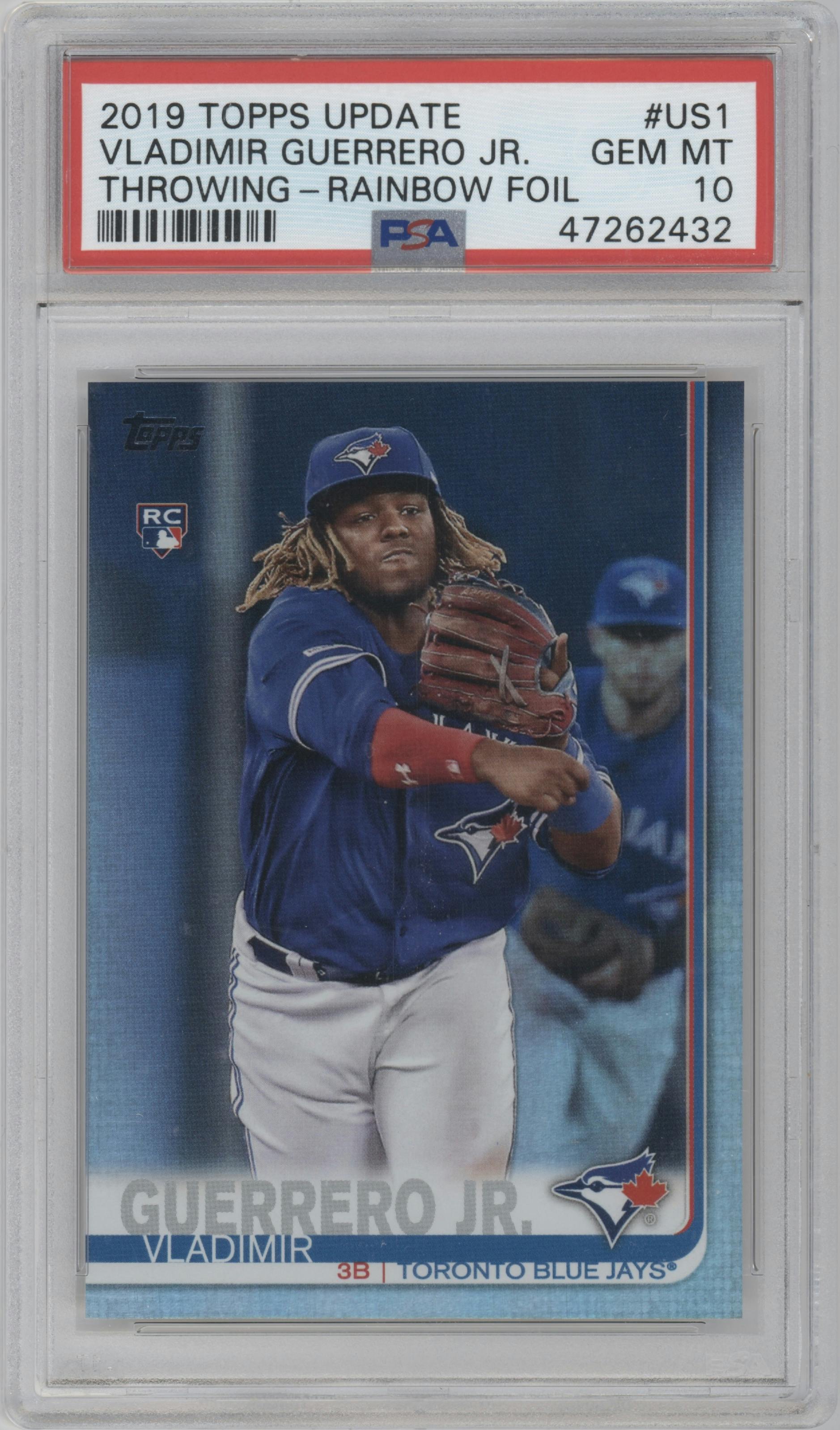 Vladimir Guerrero Jr. from the 2019 Topps Update  set featuring a Rainbow Foil parallel graded by PSA and given an overall grade of 10.