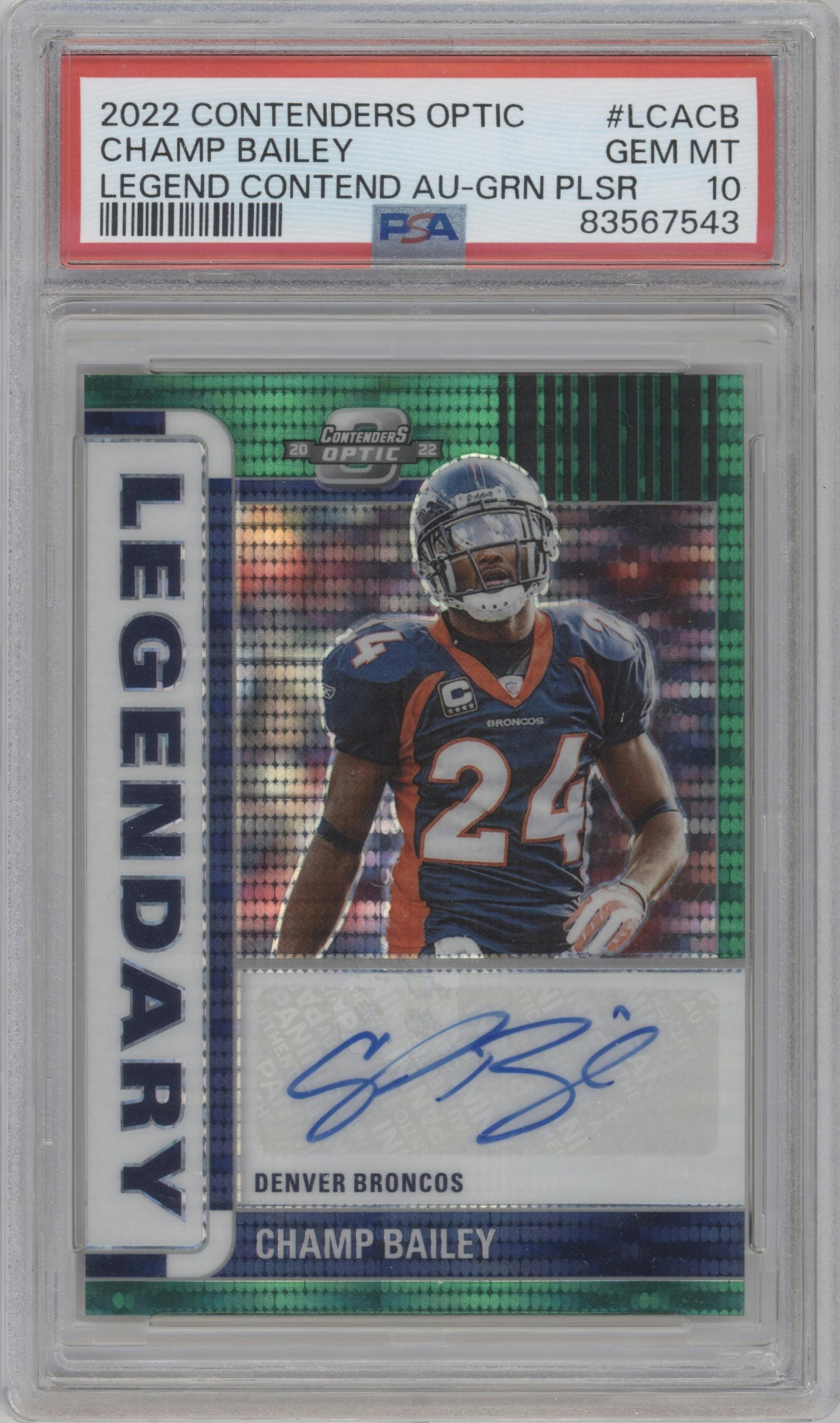 Champ Bailey from the 2022 Panini Contenders Optic set featuring a Green Pulsar parallel graded by PSA and given an overall grade of 10.