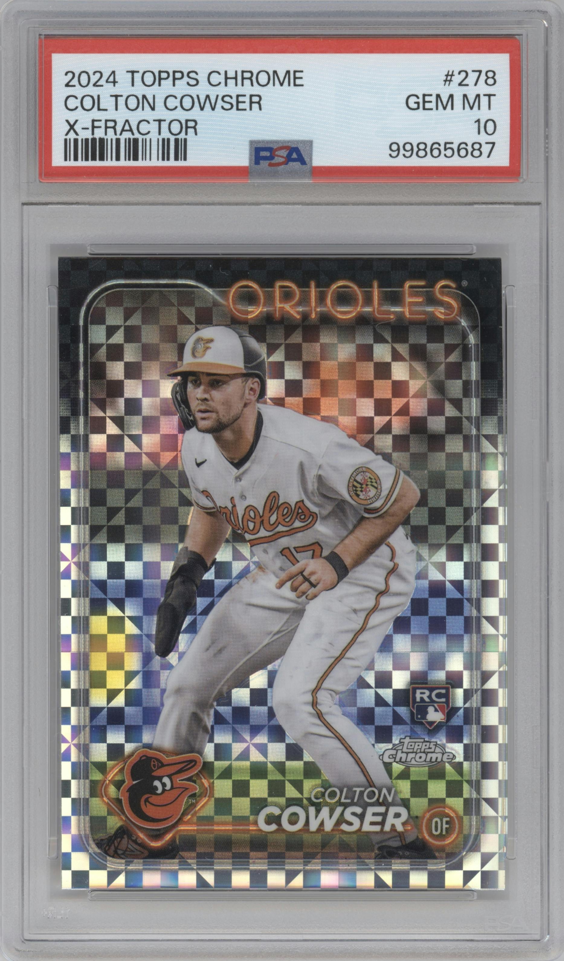 Colton Cowser from the 2024 Topps Chrome set featuring a X-Fractor parallel graded by PSA and given an overall grade of 10.