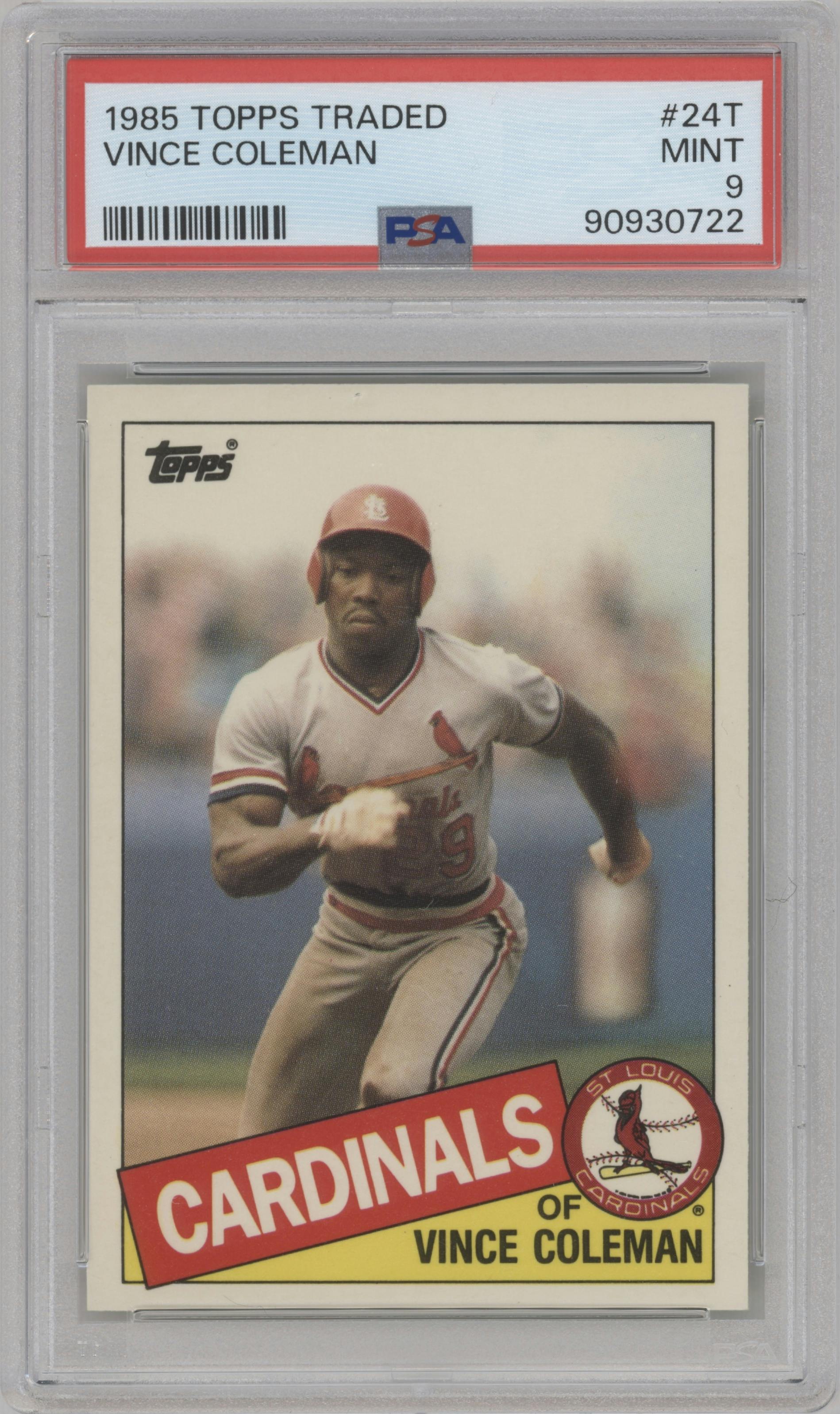 Vince Coleman from the 1985 Topps Traded set graded by PSA and given an overall grade of 9.