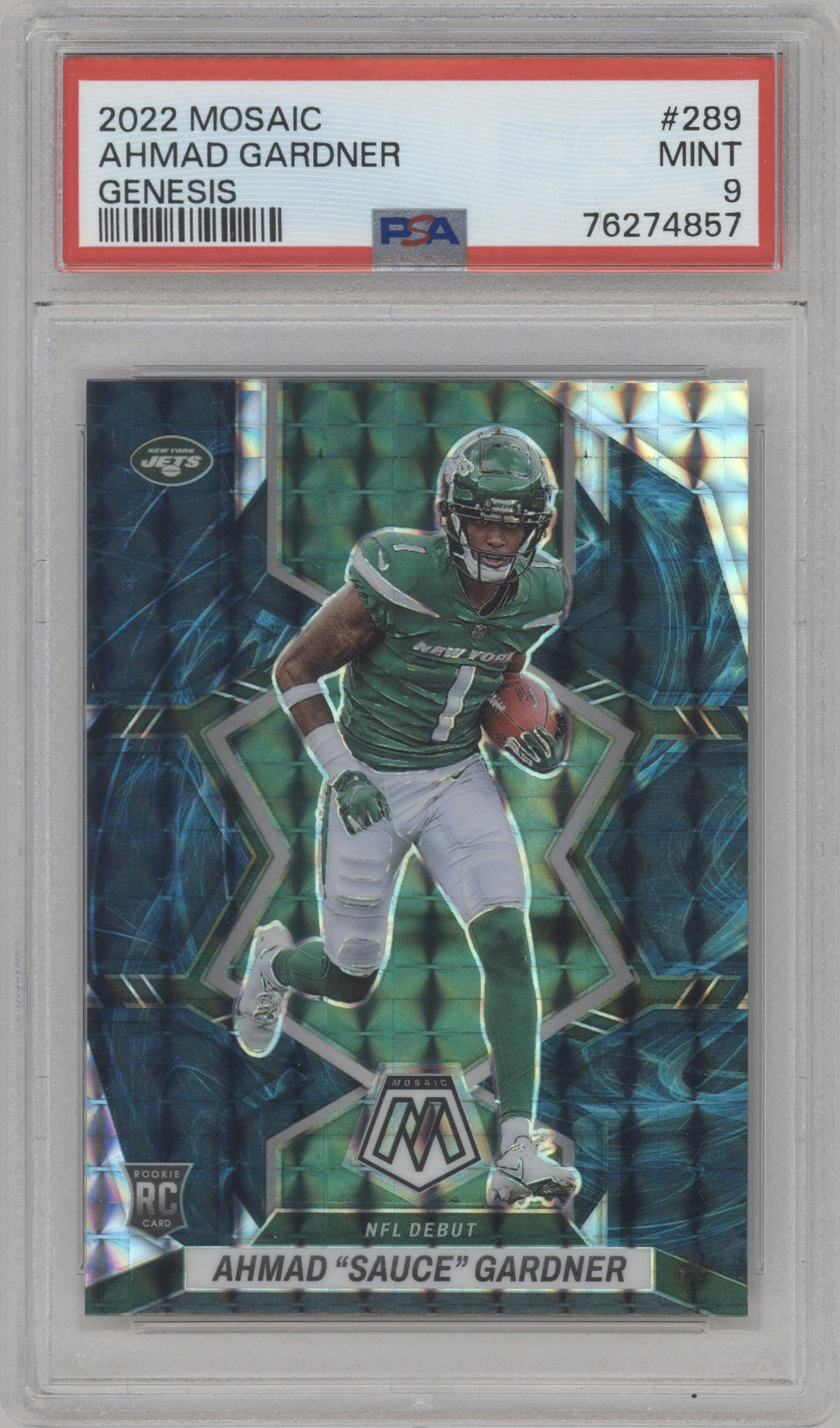 Ahmad "Sauce" Gardner from the 2022 Panini Mosaic set featuring a Genesis parallel graded by PSA and given an overall grade of 9.