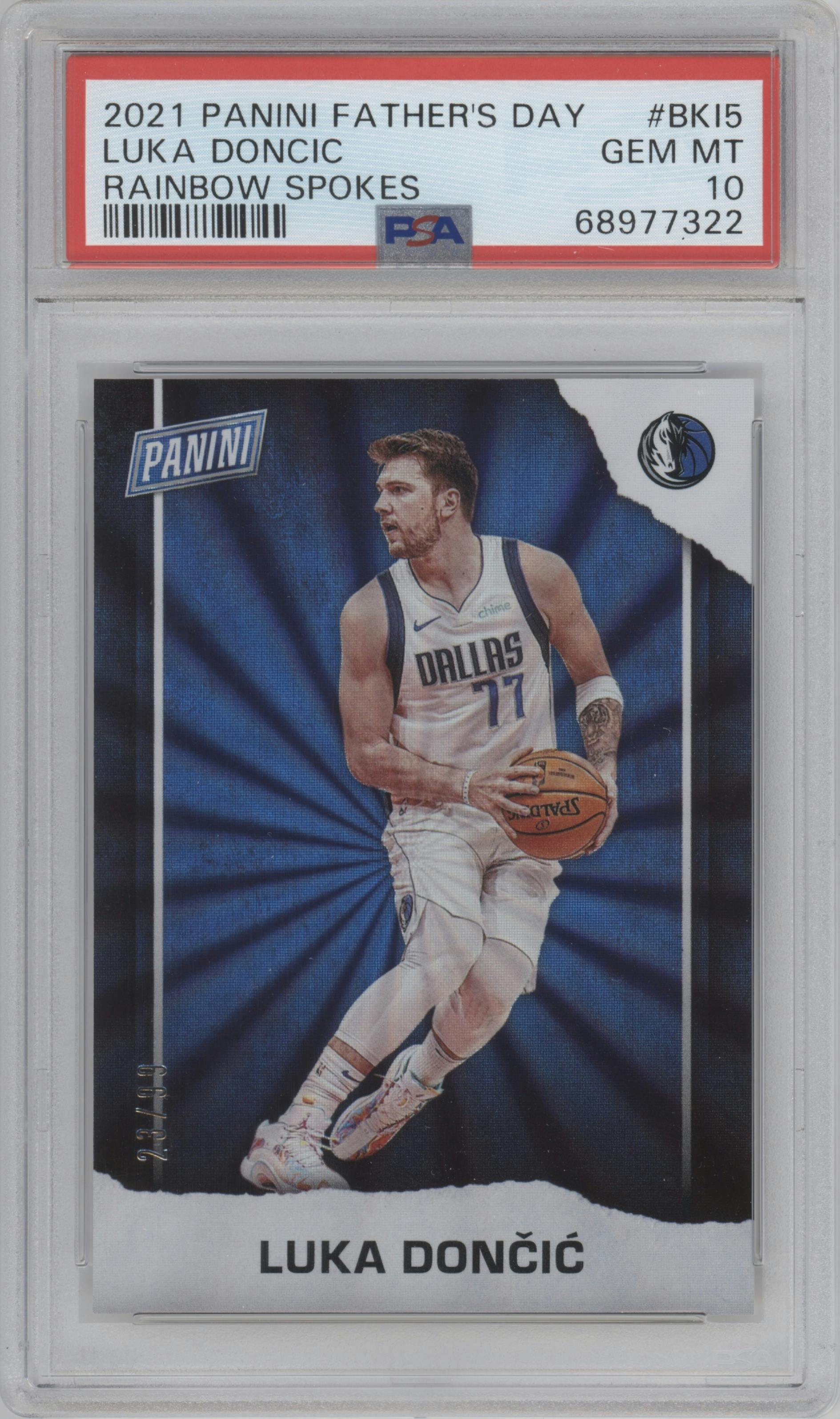 Luka Doncic from the 2021 Panini Father's Day set featuring a Rainbow Spokes Foil parallel graded by PSA and given an overall grade of 10.
