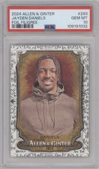 Jayden Daniels from the 2024 Topps Allen & Ginter set featuring a Foil Filigree parallel graded by PSA and given an overall grade of 10.