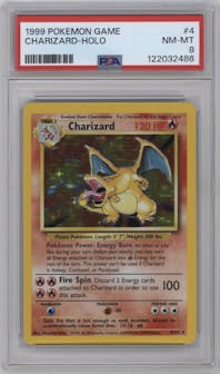 Charizard from the 1999 Pokemon set graded by PSA and given an overall grade of 8.