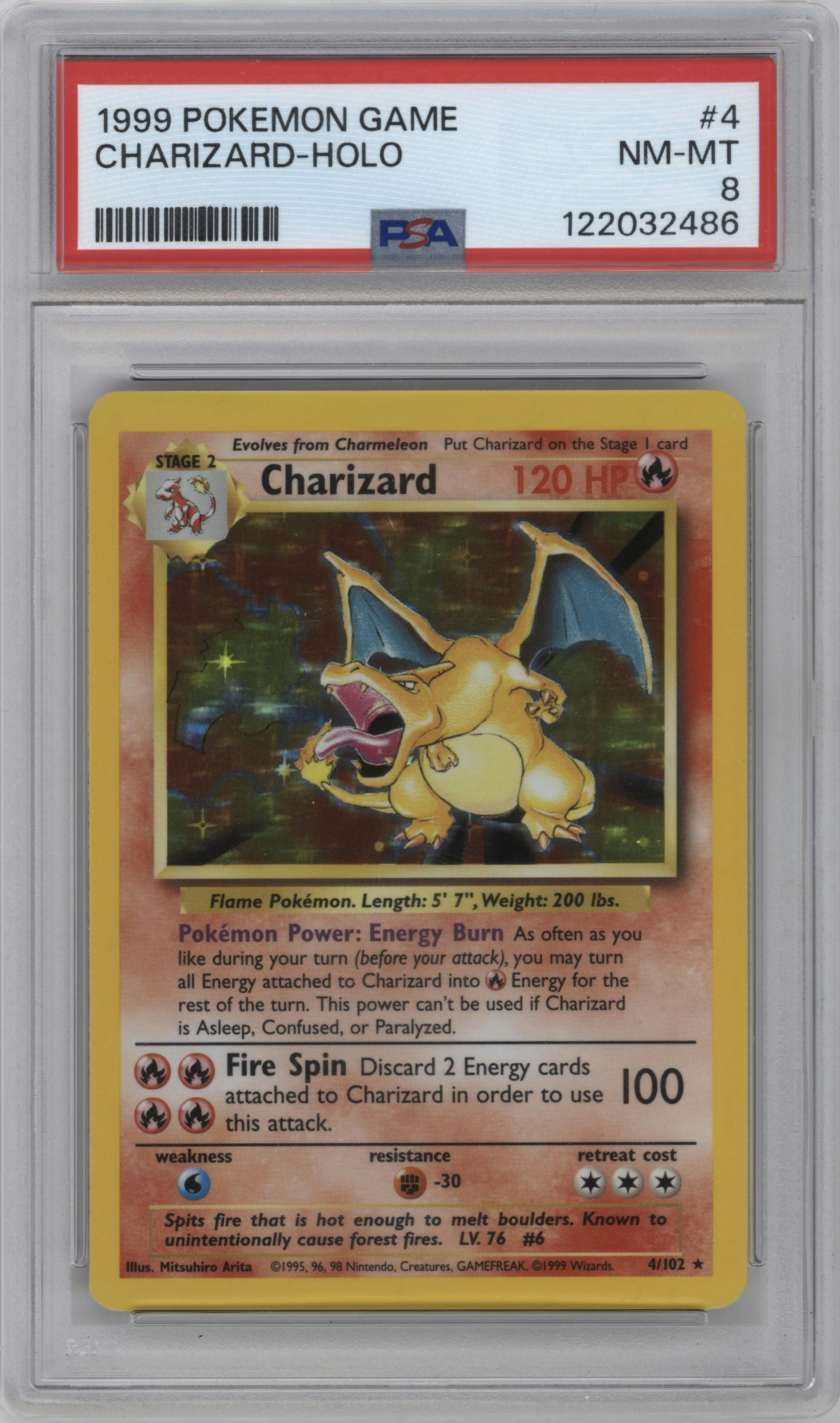 Charizard from the 1999 Pokemon set graded by PSA and given an overall grade of 8.