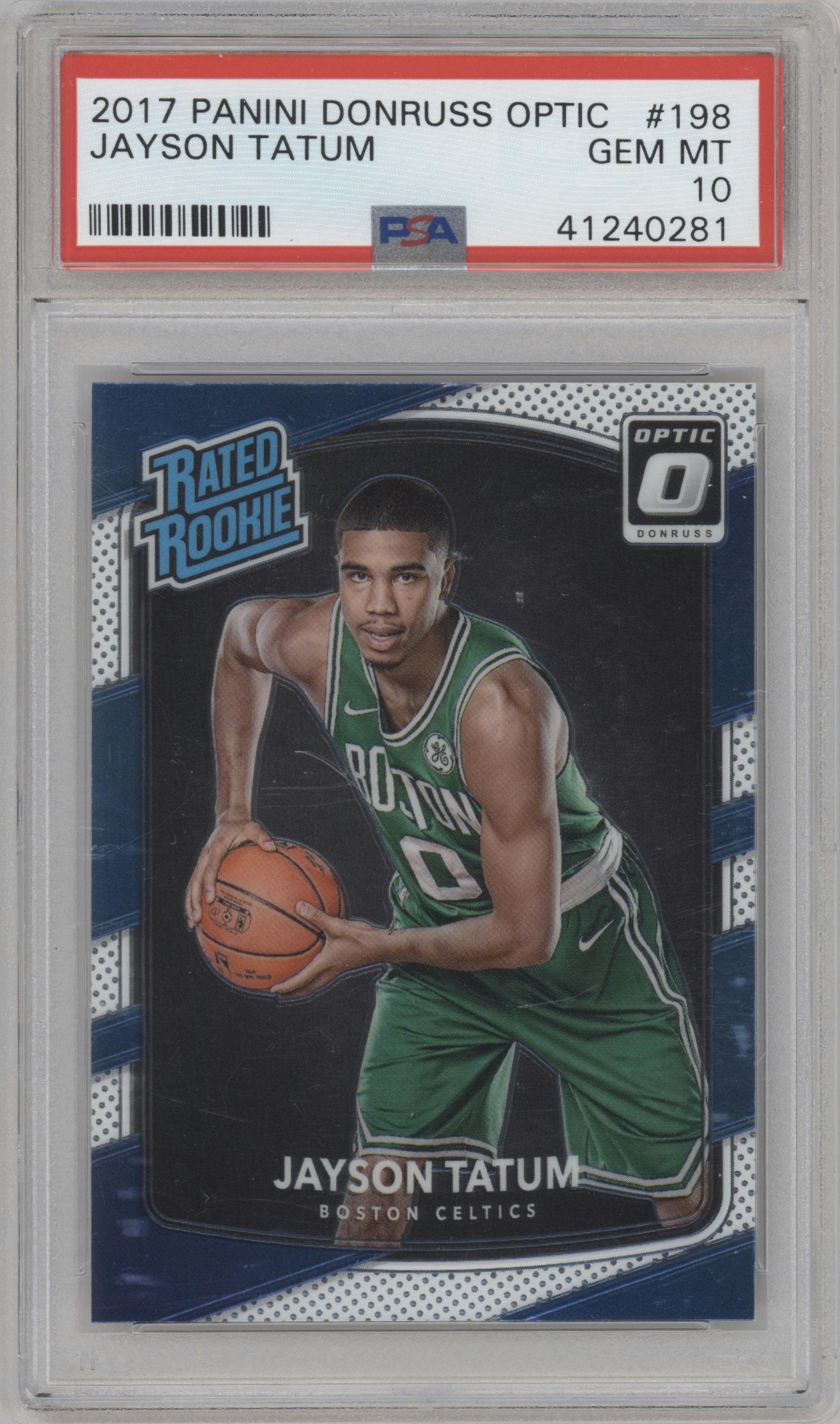 Jayson Tatum from the 2017-18 Panini Donruss Optic set graded by PSA and given an overall grade of 10.