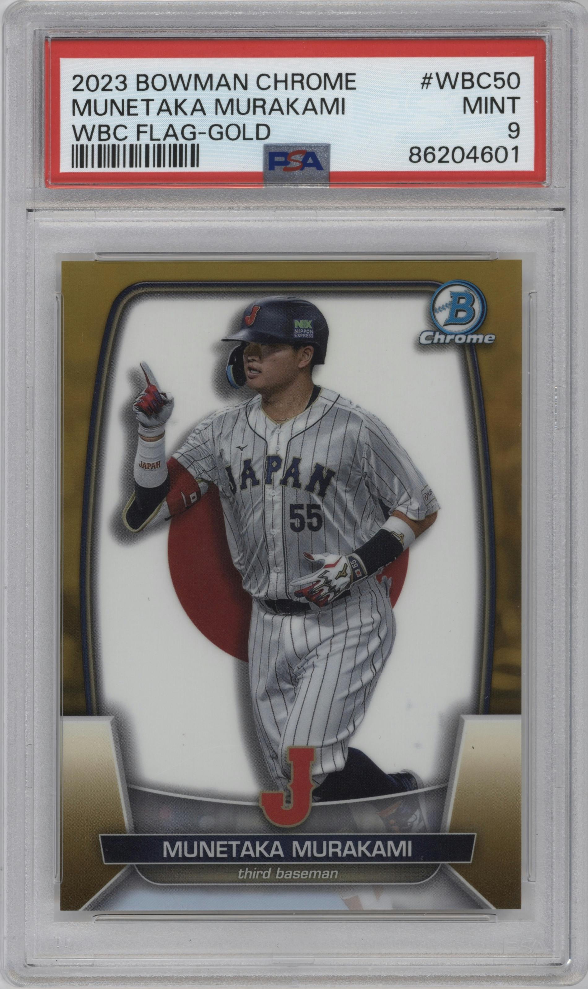 Munetaka Murakami from the 2023 Bowman Chrome set featuring a Gold Refractor parallel graded by PSA and given an overall grade of 9.